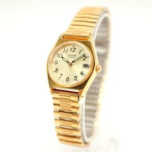 Vtg Pulsar Watch Women Gold Tone 23mm Date V827-0430 Stretch Band w New Battery